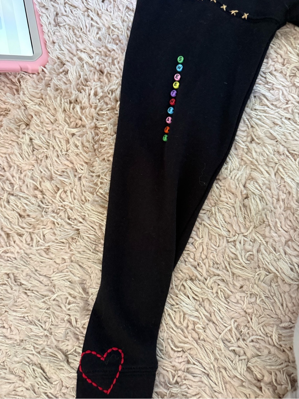 Chaser Black Leggings with Multicolor Bead Letters and Red Heart Stitch